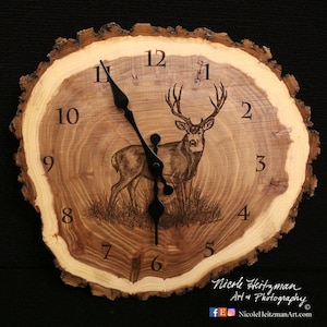 Mule Deer Clock deer hunting art Engraved Wood Clock hunting gift Wildlife art Father's Day gift for Dad men Lodge decor Cabin Art Man cave