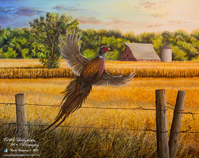 Homestead Heritage Farm Painting Gift for Dad Pheasant Art Pheasant Print Wildlife Art Farm Print Canvas Giclee Print by Nicole Heitzman