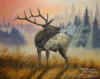 Untamed Defender Elk Art Father's Day gift for Dad Elk Print Elk Painting Elk Hunting Scene elk hunting art Canvas print by Nicole Heitzman