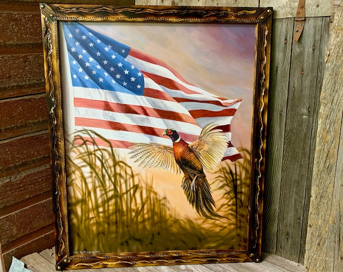 Dakota Freedom Pheasant Print USA America Flag Art Pheasant Painting Wildlife art Man Cave Art Limited Edition Canvas print Nicole Heitzman