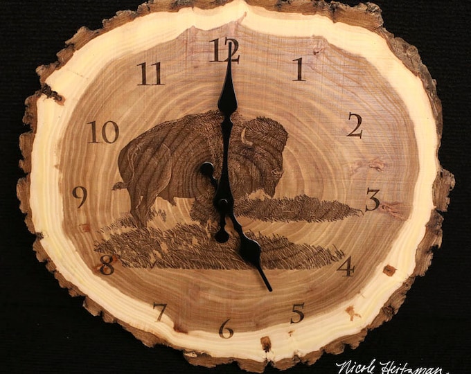 Engraved Wood Clock Buffalo Art Buffalo Clock Wood art Bison Tatanka Father's Day gift for Dad men him Lodge Cabin Wildlife Art Man cave