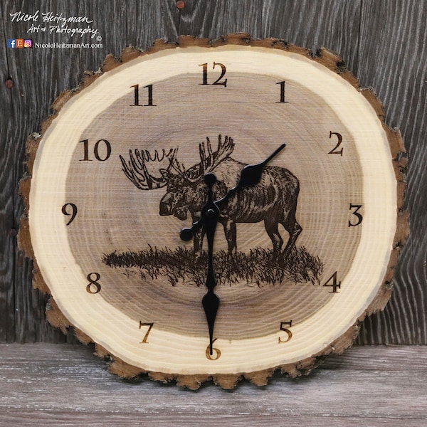 Moose Art Engraved Wood Clock Moose Clock Wildlife art Father's Day gift for Dad men Lodge Cabin Art Man cave hunting art by Nicole Heitzman