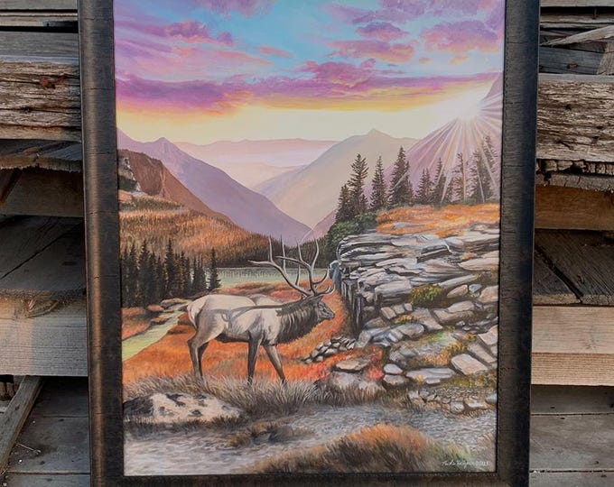 Hidden Lake Overlook bull elk canvas print painting art Montana Elk Hunting Scenery Limited Edition Canvas Giclee Art print Nicole Heitzman