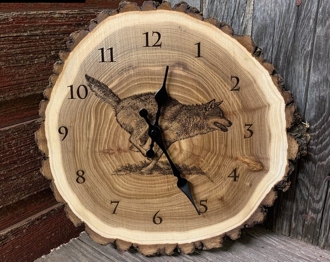 Engraved Wood Clock Wolf Art Wolf Clock Wildlife art Father's Day gift for Dad men him Lodge Decor Cabin Art Man cave art by Nicole Heitzman