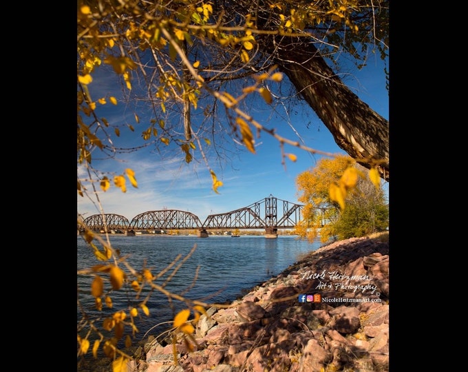 Fall Trees & Bridge Photography Autumn scenery Metal Print Missouri River South Dakota wall decor Photo Gift for him her by Nicole Heitzman