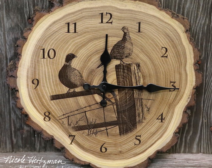 Pheasant hunting gift art Engraved Wood Clock Pheasant Art Pheasant Clock Wildlife art Father's Day gift for Dad men Lodge Cabin Man cave