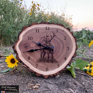 Engraved Wood Clock Elk Art Elk Clock Wildlife art Father&#39;s Day gift for Dad men Lodge Cabin Art Man cave Elk hunting art by Nicole Heitzman