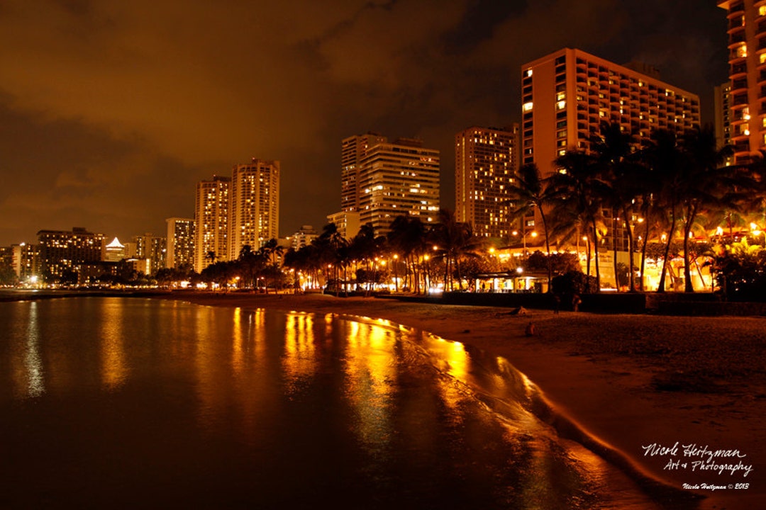 Oahu Hawaii Photo City Reflection Night Scene Ocean
