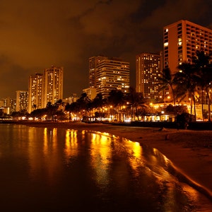Oahu Hawaii Photo City Reflection Night scene Ocean photography Honolulu city photo Waikiki Beach Photography Metal Print by Nicole Heitzman