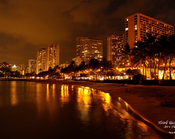 Oahu Hawaii Photo City Reflection Night scene Ocean photography Honolulu city photo Waikiki Beach Photography Metal Print by Nicole Heitzman