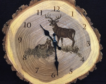 Engraved Wood Clock White-tailed deer Art Deer Clock Wildlife art Father's Day gift for Dad men Lodge Cabin Art Man cave deer hunting art