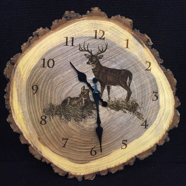 Engraved Wood Clock White-tailed deer Art Deer Clock Wildlife art Father's Day gift for Dad men Lodge Cabin Art Man cave deer hunting art