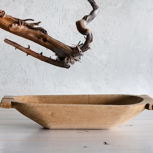Antique Wooden Dough Bowl, Large Hand Carved Trough, Wabi-Sabi Rustic Bread Bowl, Primitive Farmhouse Centerpiece, Vintage wooden trough