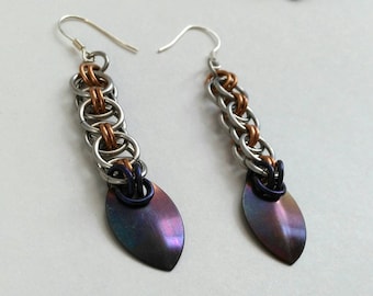 Heat Treated Patina Stainless Steel Earrings, Iridescent Dragon Scale, Helm Drop Dangle Peacock Jewelry, Burning Man