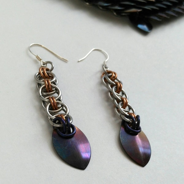 Heat Treated Patina Stainless Steel Earrings, Iridescent Dragon Scale, Helm Drop Dangle Peacock Jewelry, Burning Man