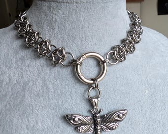 Death's-Head Hawkmoth Choker Necklace - Stainless Steel Helm & Celtic Visions Chainmail, Boho Festival Gothic Jewelry