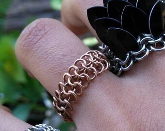 Minimalist Chainmaille Ring, European 4 in 1 Weave, Custom Made Finger Armor, Elegant Jewelry Box, Moon Child Wild Thing Adornments