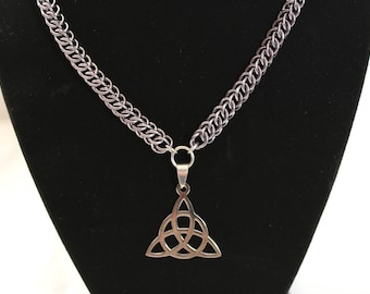 Triquetra Silver Celtic Necklace, Trinity Knot Metal Pendant, Chain Mail Choker Necklace Womens or Mens
