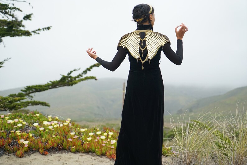 May include: A woman wearing a black velvet dress with a gold chainmail collar and a gold crown stands with her arms outstretched in front of a foggy landscape.