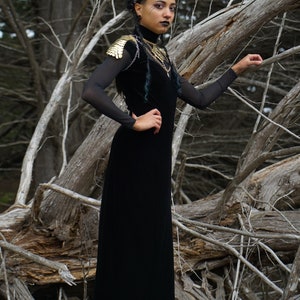 May include: A person wearing a black velvet dress with gold chain and feather shoulder armour. The person is standing in a woodland setting with bare branches.