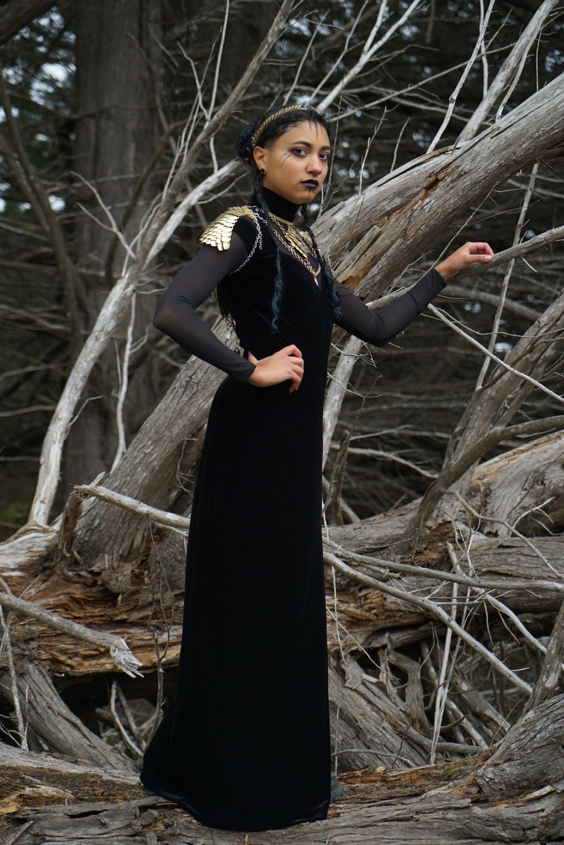 May include: A person wearing a black velvet dress with gold chain and feather shoulder armour. The person is standing in a woodland setting with bare branches.