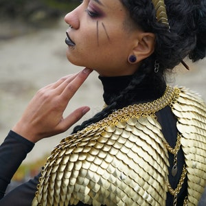 May include: A person wearing a black mock neck shirt with a gold chainmail collar and shoulder piece. The chainmail is made of small, overlapping scales.