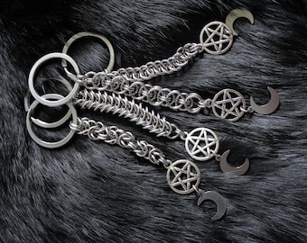 Crescent Moon Pentacle Moon Child Keychain, Personalized Custom Keychain, Witch Wallet Accessories, Gothic Steampunk, Occult Magic