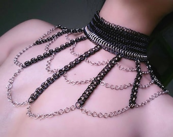 Arachne's Mantle, European 6 in 1 Chainmail Helm Weave, Goddess Spider Web Collar, NuGoth Metal Necklace