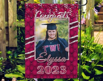 Drapeau de jardin de graduation GLAM personnalisé bordeaux, marron, argent et blanc