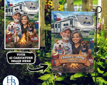 Drapeau de jardin personnalisé avec caricature IA, drapeau d'extérieur personnalisé, cadeau unique pour la famille ou les amateurs d'animaux de compagnie