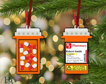 Ornement personnalisé 3D pour flacon de pilules RX, équipe de pharmacie, décoration de Noël pour soins de santé, décoration médicale, cadeau éléphant blanc, cadeau bâillon.