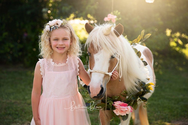 May include: A young girl in a pink dress with a flower crown is standing next to a white and brown pony with a unicorn horn. The pony is wearing a floral garland around its neck.