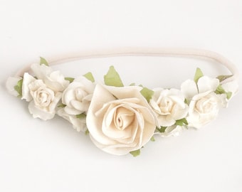 Baby Flower Crown, Tieback Headband, Photo Prop, Nylon Headband, White, Ivory Headband, Newborn Headband, Girls Flower Crown, Toddler Flower