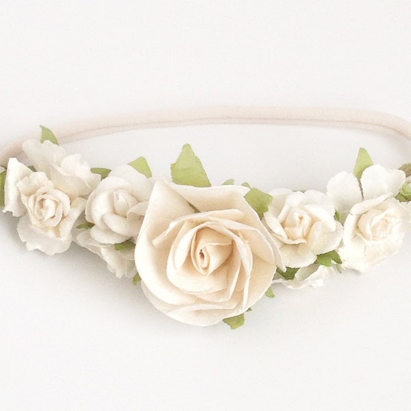 Baby Flower Crown, Tieback Headband, Photo Prop, Nylon Headband, White, Ivory Headband, Newborn Headband, Girls Flower Crown, Toddler Flower