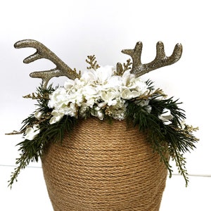 Christmas Headband, Deer Headband, White Gold Flower Crown, Christmas Flower Crown, Holiday Headband, Christmas Head Wreath, Floral Crown