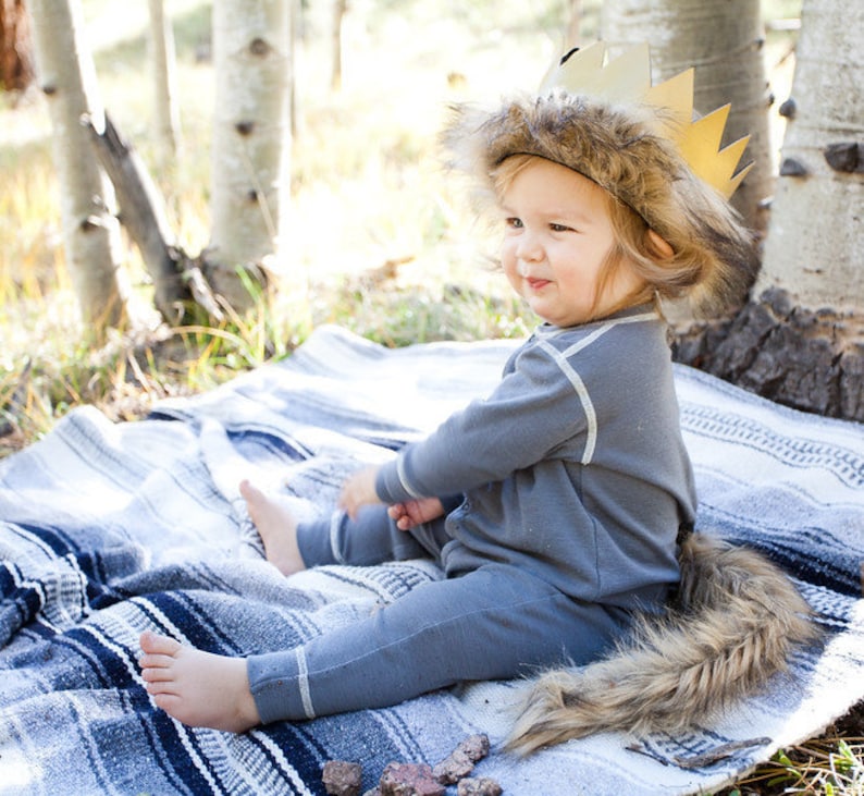 May include: A child wearing a grey jumpsuit with a furry brown and gold crown and a long brown tail. The child is sitting on a blue and white striped blanket in a forest setting.