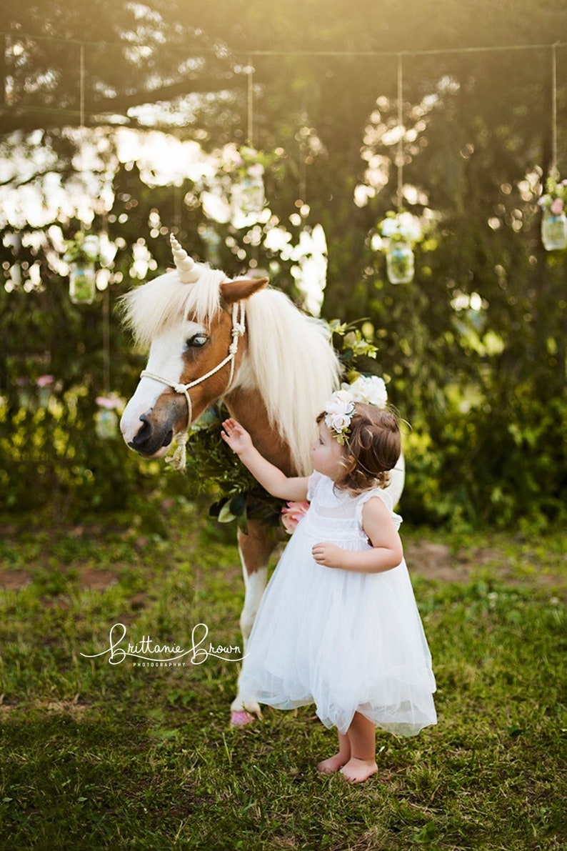 May include: A young girl in a white dress and flower crown reaches out to touch a brown and white pony with a unicorn horn. The pony is standing in a grassy field with a green tree in the background.