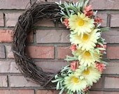 Wreath Front Door, Rustic Wreath, Spring Decorations, Fall Door Decor, Summer Wreath, Pale Yellow Wreath, Coral Decorations, Daisy Wreath