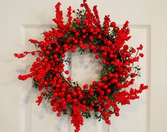 Red Berry Wreath Small Indoor Wreath 17” Cabinet Door Mirror Architectural Decor Interior Door Sunroom Christmas Decor (style #1)