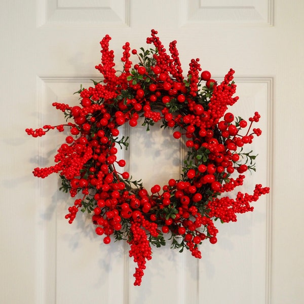 Red Berry Wreath Small Indoor Wreath 17” Cabinet Door Mirror Architectural Decor Interior Door Sunroom Christmas Decor (style #1)