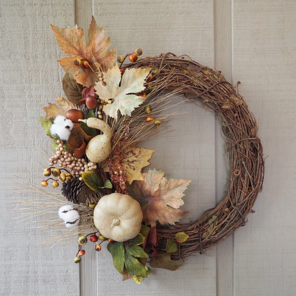 Rustic Fall Wreath with Cotton Bolls, Autumn Door Decor, Thanksgiving Decorations