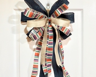 Handmade Burlap & Striped Ribbon Wreath Bow - Door or Wall Decor