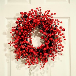 16” Red Berry Christmas Wreath – Holiday Front Door Decor, Winter Artificial Wreath, Rustic Farmhouse Style Small Indoor Decor (style #6)