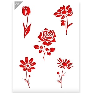 Blumen Schablone - Tulpen Schablone - Rosen Schablone - Gänseblümchen Schablone - A3 Wiederverwendbar kinderfreundlich für Malerei Bastel Wand und Möbel Schablone