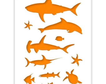 Fish Stencil - Shark Stencil - Dolphin Stencil - Sea Star Stencil - Turtle Stencil -  A3 Reusable, kids friendly for painting crafts stencil