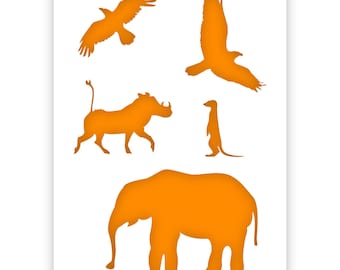 African Animals Stencil - Elephant Stencil - Warthog Stencil - Meerkat Stencil - Bird Stencil - A5/A4 Size - Reusable, Kids Friendly Stencil