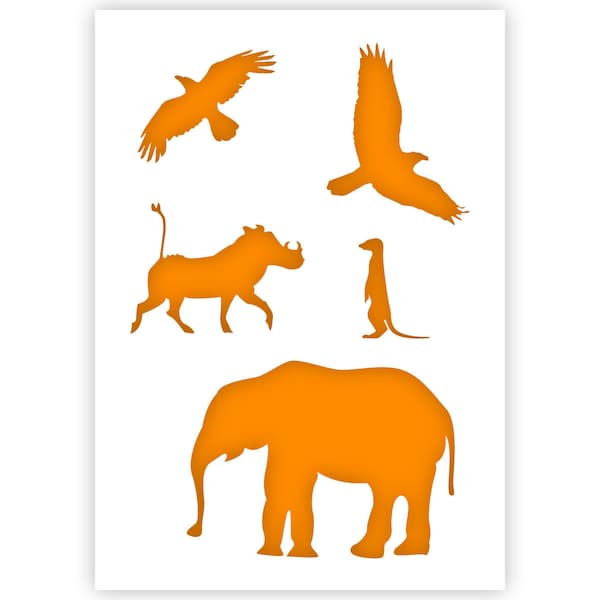 Pochoir pour animaux africains - Pochoir éléphant - Pochoir phacochère - Pochoir suricate - Pochoir pour oiseaux - Taille A5 / A4 - Pochoir réutilisable, adapté aux enfants