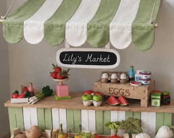 Green and White Kids Market Awning, Wall Mounted Canopy for Farmers Market Pretend Play