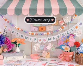 Eucalyptus and Blush Kids Awning, Extra Wide Wall Canopy for Pretend Flower Shop, Pretend Shop Market Awning
