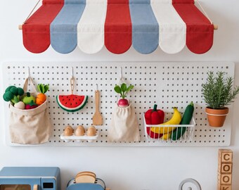 Red Blue and White Kids Awning, Wall Mounted Striped Canopy for Playroom Desk or Play Kitchen, Shop Market pretend play